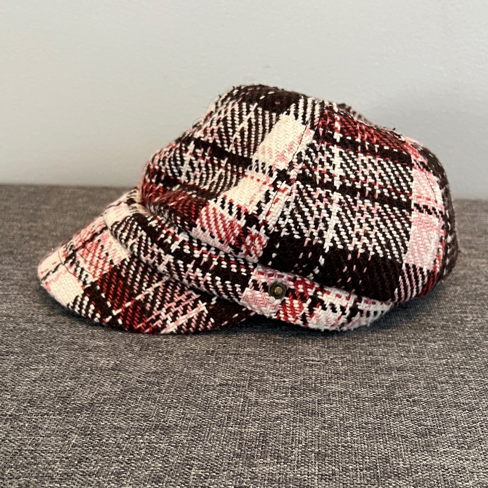 Y2K Plaid News Boy Cap Brown Pink White Wool Blend Unbranded Fall MISSING 1 SNAP